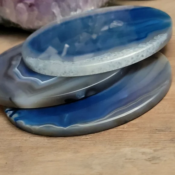 Set of 3 Perfectly Round Marine Blue ~ GENUINE Agate Coasters Slices - Picture 3 of 4